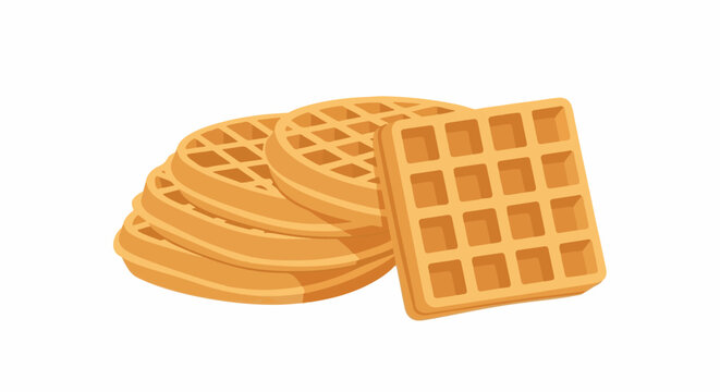 A stack of round and square golden waffles on a white background