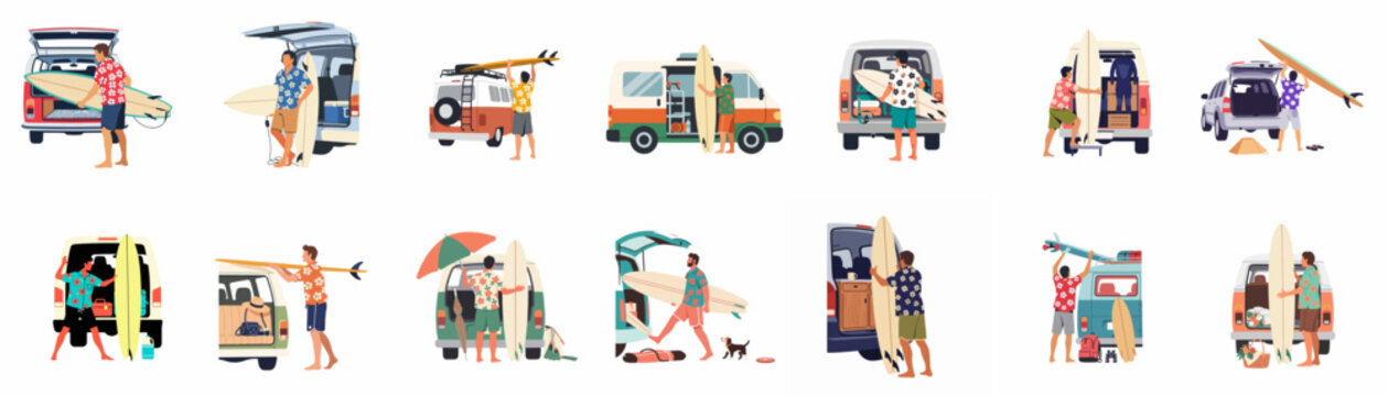 Vector illustrations of men loading surfboards into vans and cars, depicting surf culture, beach vacations, and road trip adventures.