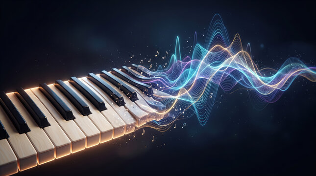 Piano keyboard with illuminated keys and colorful sound waves emanating from it, creating a dynamic visual representation of music and sound