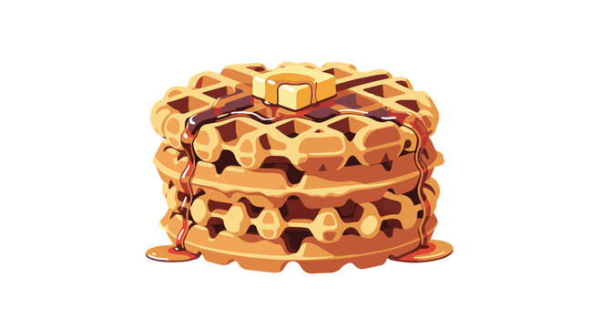 A stack of three golden brown waffles drenched in syrup and topped with butter