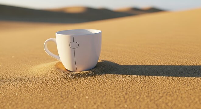 White Ceramic Coffee Cup Resting on Golden Sand Dune in Warm Desert Light