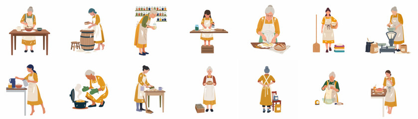 Fototapeta premium Collection of women and a girl baking bread, from preparation to final loaf, in a cozy rustic kitchen setting