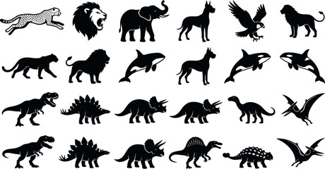 Prehistoric Dinosaurs and Modern Predators Silhouette Set Vector Icons of Wildlife and Ancient Beasts  © MirzaAsmaul