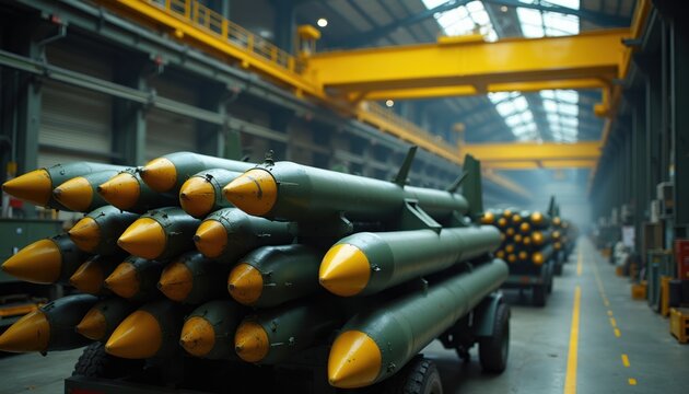 Rows of military missiles on trailers inside large factory hangar. Green rockets with yellow tips stacked on racks. Overhead crane, industrial equipment in background. Heavy weaponry prepared for