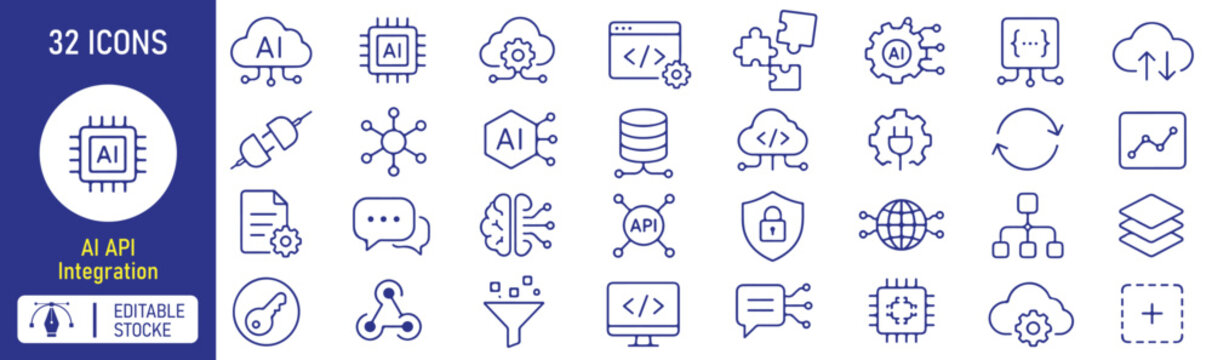 32 AI API Integration Vector Outline Icons Set &ndash; Editable Black Line Symbols Collection, Modern UI UX Icon Bundle, Isolated on White Background