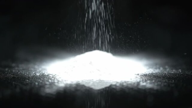 Extreme close-up in slow motion of fine white powder gently sifting and settling onto a smooth, reflective surface creating delicate patterns pristine, clean design, bright