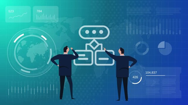 businessmen analyzing flowchart and data on futuristic digital screen background concept of organization structure