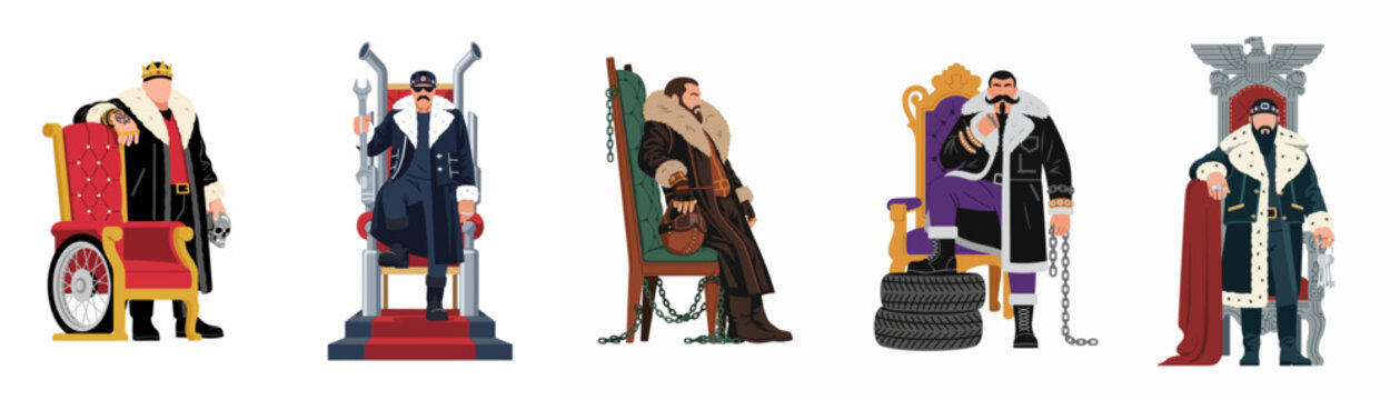Illustration set of men as modern-day urban kings in fur coats, posing with customized thrones featuring industrial, biker, and mechanical elements on white background.