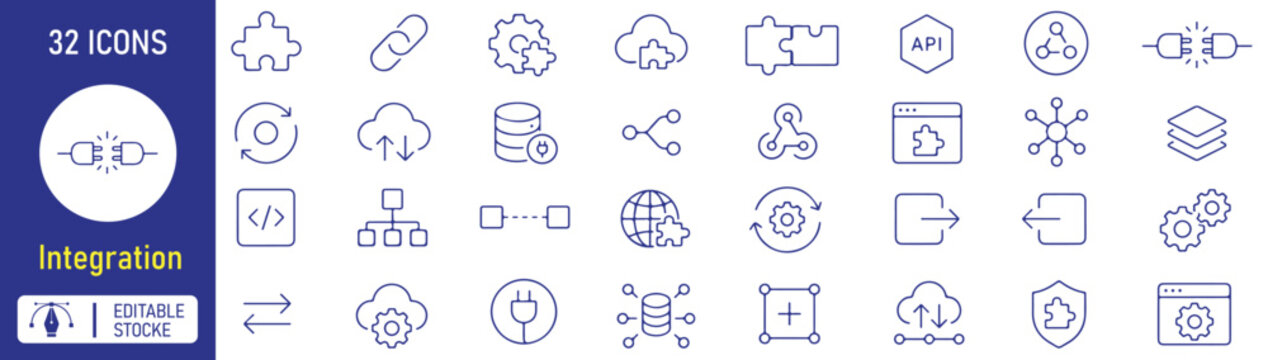Integration Vector Outline Icons Set &ndash; API Connectivity, System Integration, Data Synchronization, Automation and Cloud Connection Line Symbols Collection
