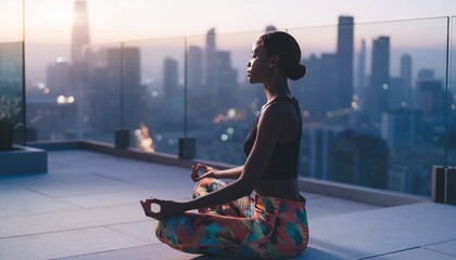 Obraz premium Serene black woman meditating in lotus pose on a city rooftop at sunset. Capturing urban mindfulness and wellness against a blurred skyline, perfect for mental health and fitness themes.