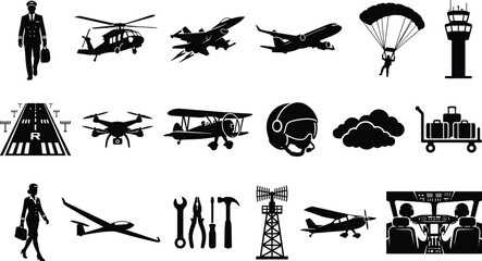 Aviation and Aircraft Vector Silhouette Icons Collection for Air Transport DesignAviation and Aircraft Vector Silhouette Icons Collection for Air Transport Design © Natasa.White