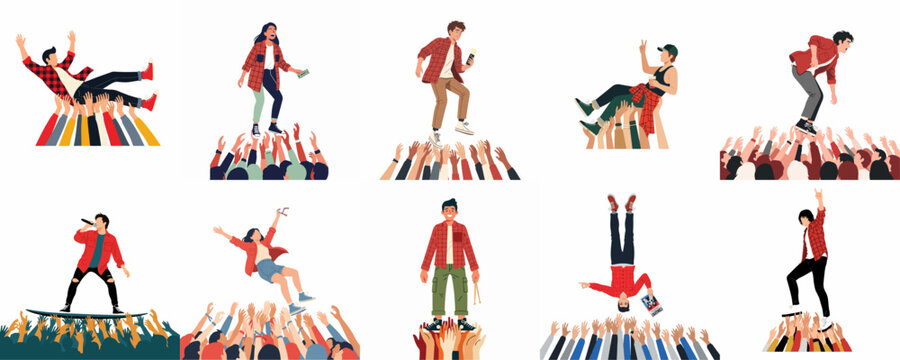 Collection of flat vector illustrations featuring people crowd surfing, performing, and enjoying energetic live music concerts and festivals with an enthusiastic audience.