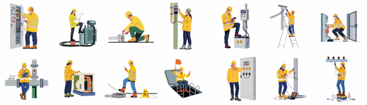 Set of diverse male and female electricians and industrial workers performing maintenance, repairs, and inspections on electrical systems and infrastructure.