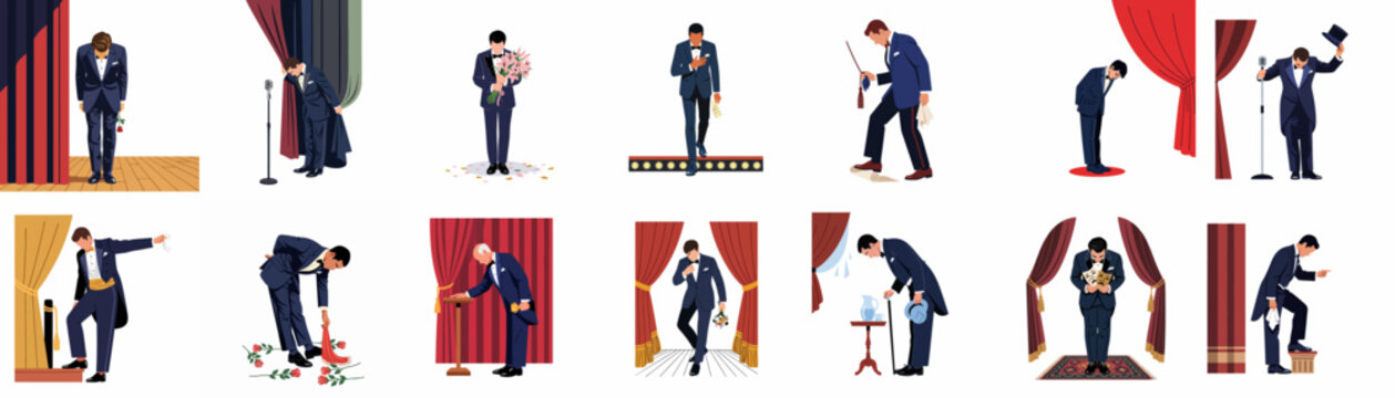 Collection of men in tuxedos performing on stage, bowing, and holding flowers in a theatrical setting, representing performers, actors, or masters of ceremonies.