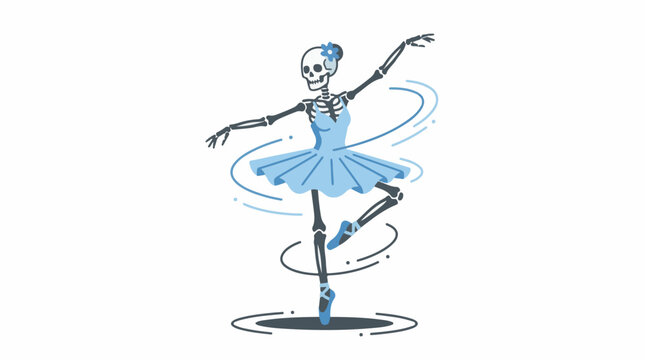 Pixelated skeleton in a ballet tutu pirouettes gracefully on pointe shoes