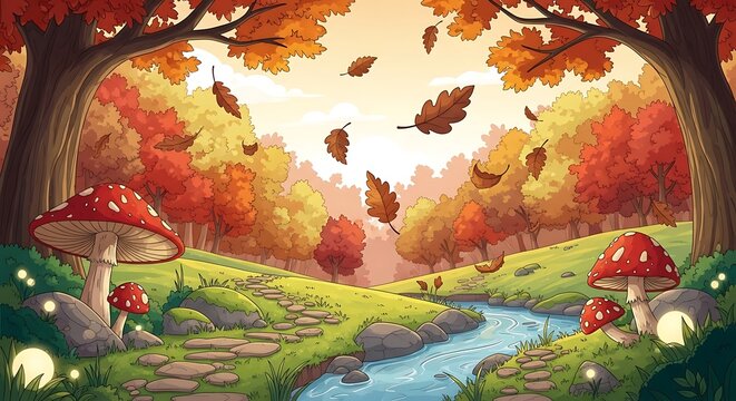 Whimsical Autumn Forest Scene with Red Mushrooms and Stream