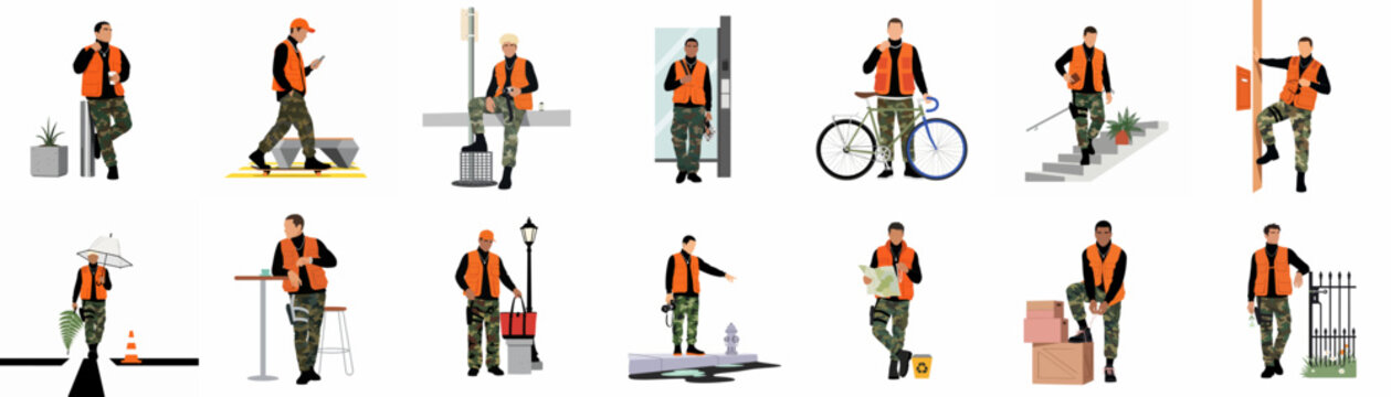 Set of vector illustrations featuring a man in stylish streetwear, including an orange vest and camo pants, in various everyday urban lifestyle scenarios.