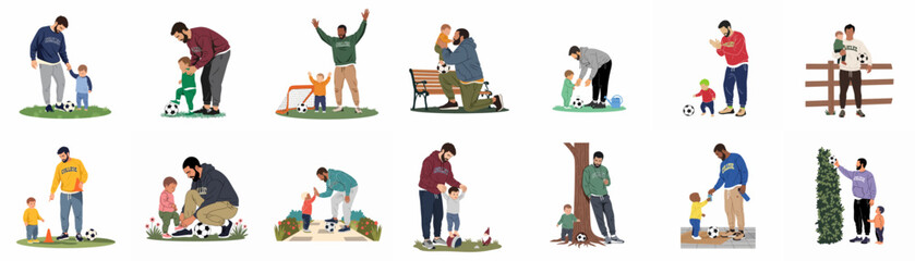 Diverse collection of flat vector illustrations depicting fathers and their toddlers playing soccer together, highlighting bonding, sports, and early childhood development. © Ricardo