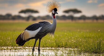 Fototapeta premium Elegant Crowned Crane Standing in Sunlit Wetland Savanna