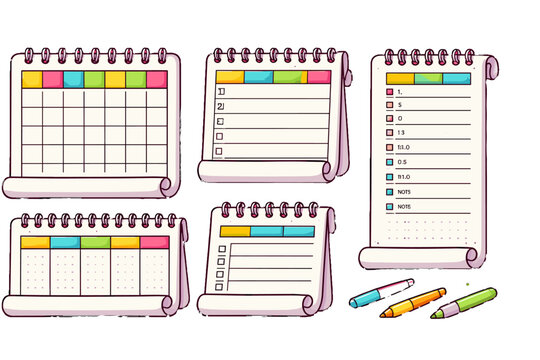 Set of spiral notepad planner pages with colorful tabs