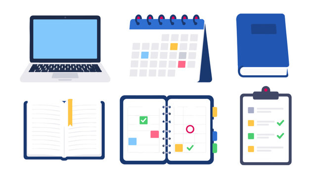 Study and planning icons with laptop calendar books and clipboard