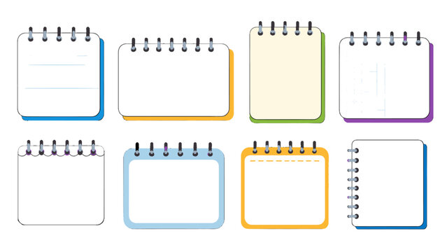 Set of spiral notepad pages and notebook frames in different shapes