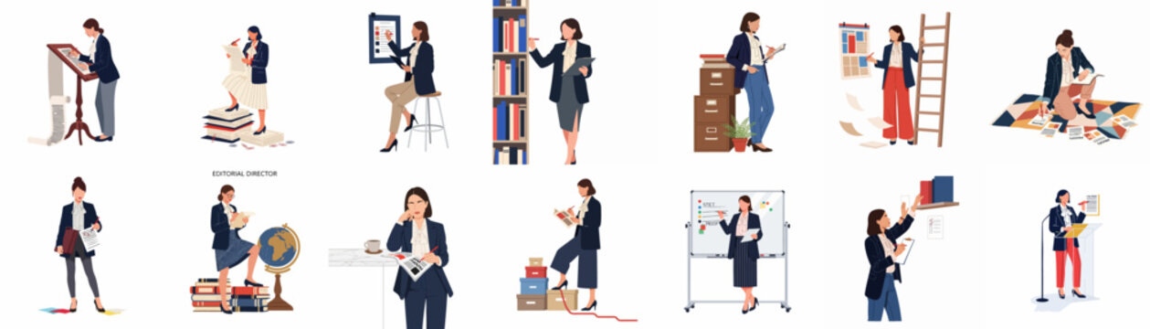 Set of flat vector illustrations depicting a professional female editorial director in various office and publishing-related work scenarios.