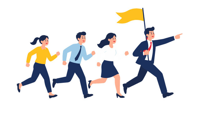 Business team running behind leader carrying yellow flag