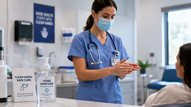 Healthcare Worker Sanitizing Hands in Medical Clinic for Patient Safety.