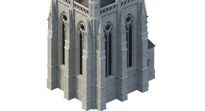 Detailed gothic medieval chapel architecture model isolated on a transparent background, gothic chapel