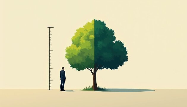 Man in suit looks at split tree, one side light green leaves, other dark green. Ruler marks height on left. Concept of growth, contrast, measurement.