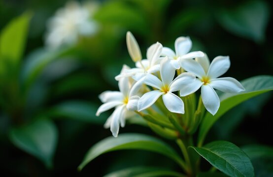 Close up of white jasmine flowers with green leaves. Delicate petals unfold on a plant, smelling sweet. Natural beauty blooms in garden, outdoors.