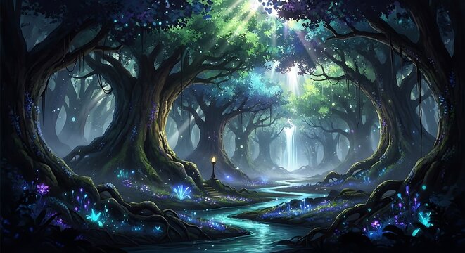 Enchanted Glowing Forest Stream Winding Through Mystical Ancient Woodland
