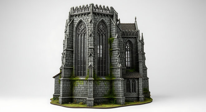 Detailed gothic medieval chapel model on transparent background, isolated on a, transparent background