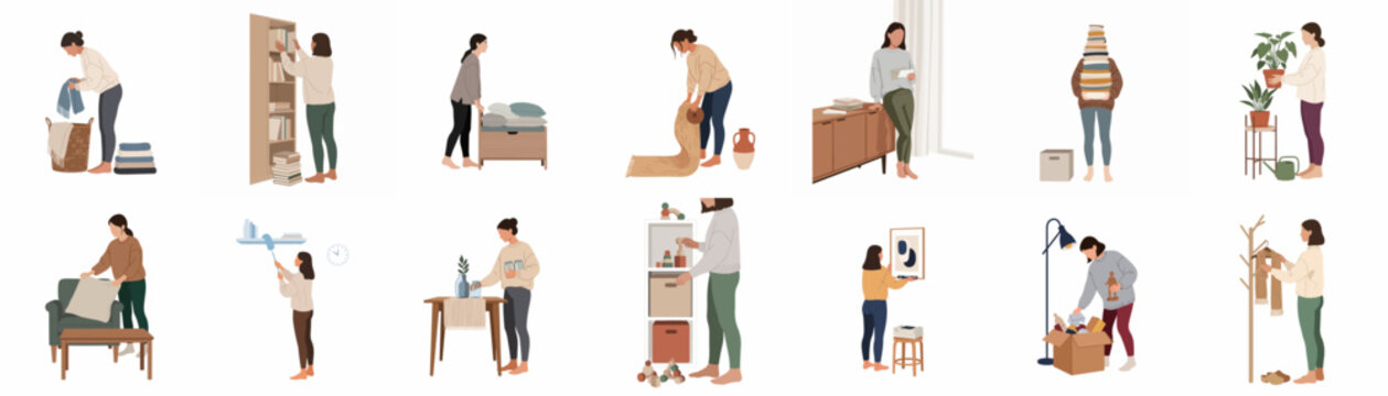 Set of flat vector illustrations depicting women doing various household chores, tidying, organizing, and decorating their homes in a minimalist style.