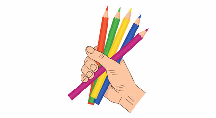 Fototapeta premium Hand holding a bunch of colored pencils on a white background