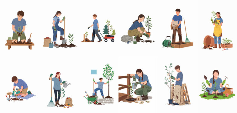 Collection of flat vector illustrations depicting various people gardening, planting trees, watering saplings, and digging in a community garden or home yard.