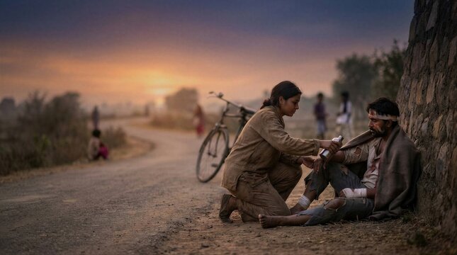 Woman helping wounded man sitting on road. Good Samaritan concept reflecting biblical love and mercy. Compassionate care for injured person, selfless service and kindness to neighbor.