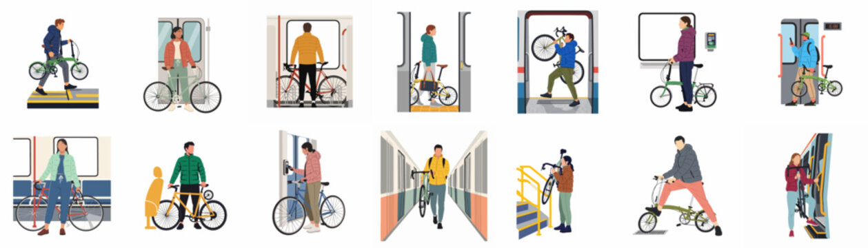 People commuting with bicycles on public transportation including trains and subways in a flat illustration style, highlighting sustainable urban mobility.