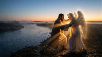 Naklejka premium Man wrestling with an angel by a river at sunrise. Biblical event depicting Jacob struggle with divine being in old testament. Spiritual faith, divine guidance and religious experience.