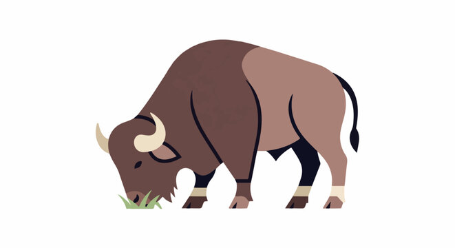 Flat design illustration of a brown bison grazing on green grass