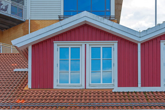 Red Wood Cabin House Dormer Windows at Roof in Sweden