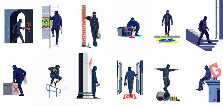 Set of Illustrations Featuring an Urban Graffiti Artist and Thief Character in Various Stealthy, Rebellious, and Illegal Activities