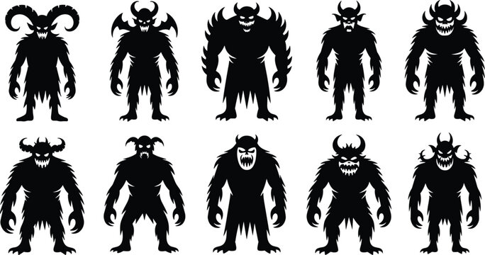 Silhouettes of monstrous humanoid figures with horns, claws, wings, beast designs, black shapes on white background, fantasy creature illustration