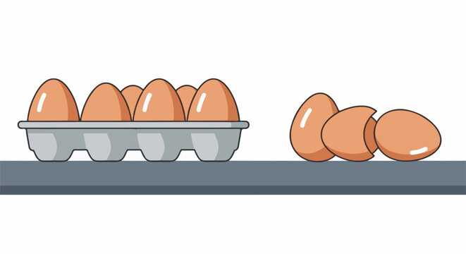 Brown eggs in a carton and scattered, one is cracked