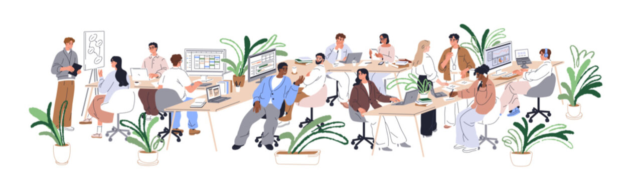 People work and communication in modern open space office. Business team in comfortable company workplace, workspace with computer desks, plants. Flat vector illustration isolated on white background