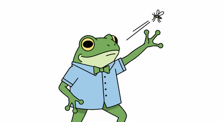Obraz premium Cartoon frog in a blue shirt and bow tie reaching for a fly