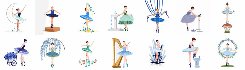 Set of elegant ballerina vector illustrations in various fantasy and artistic poses, featuring tutus, pointe shoes, and thematic elements like moons and harps. © Telu
