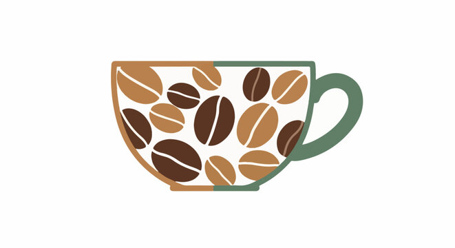 A stylized cup filled with coffee beans in brown and tan tones