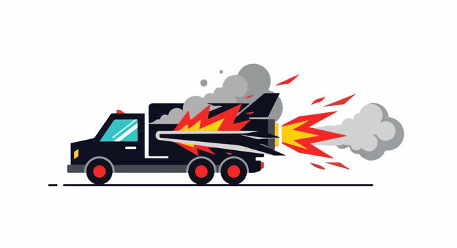A stylized black truck with a rocket engine propelling it forward with flames and smoke